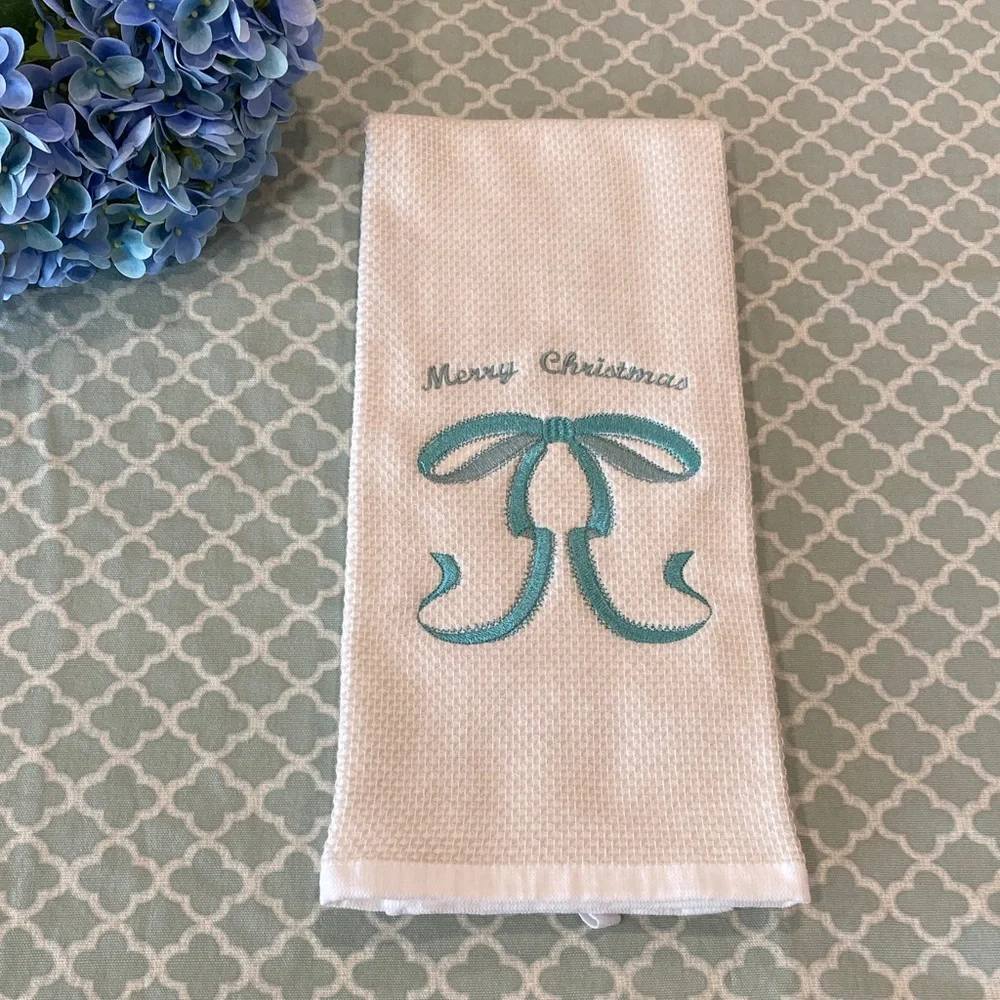 NEW Merry Christmas Embroidered Bow Kitchen Hand Towel Light Teal